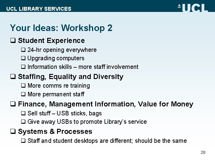 UCL LIBRARY SERVICES Your Ideas: Workshop 2 q Student Experience q 24 -hr opening