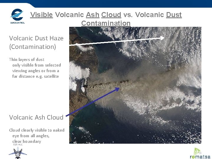 Visible Volcanic Ash Cloud vs. Volcanic Dust Contamination Volcanic Dust Haze (Contamination) Thin layers