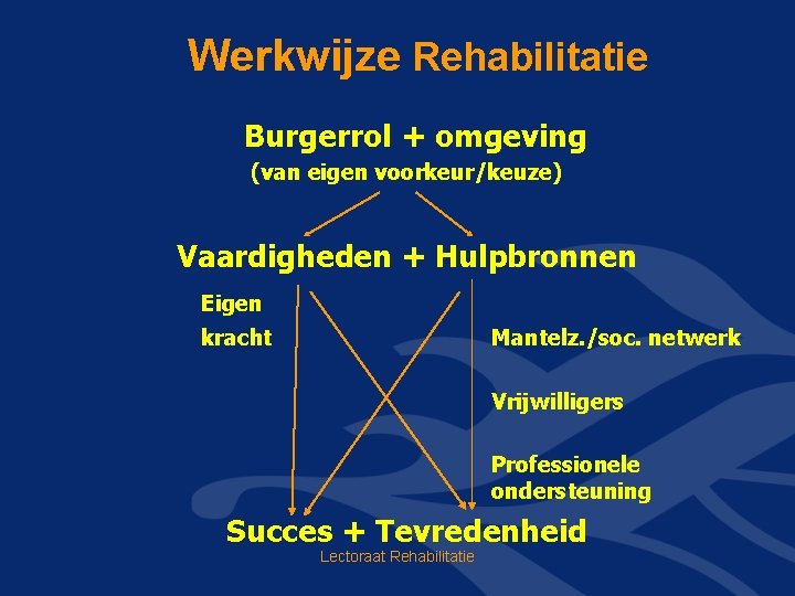 Werkwijze Rehabilitatie Burgerrol + omgeving (van eigen voorkeur/keuze) Vaardigheden + Hulpbronnen Eigen kracht Mantelz.