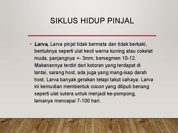SIKLUS HIDUP PINJAL • Larva, Larva pinjal tidak bermata dan tidak berkaki, bentuknya seperti SIKLUS HIDUP PINJAL • Larva, Larva pinjal tidak bermata dan tidak berkaki, bentuknya seperti