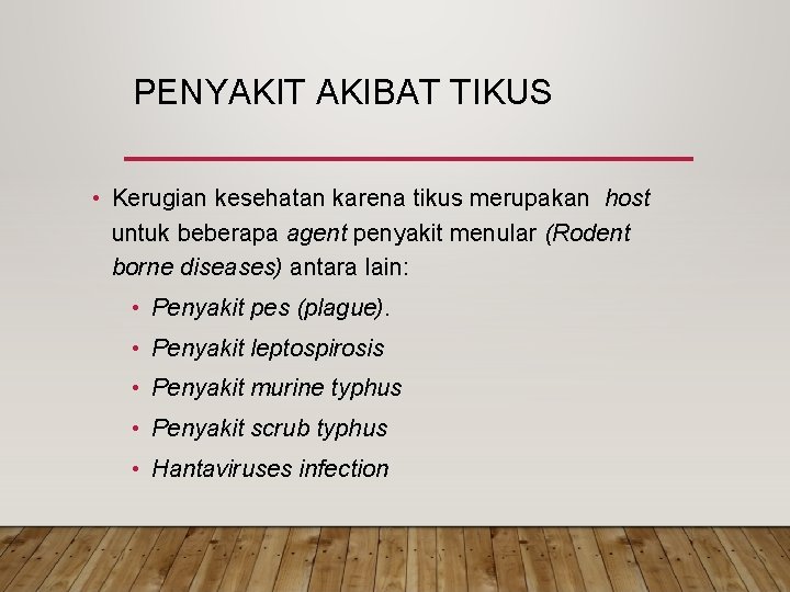 PENYAKIT AKIBAT TIKUS • Kerugian kesehatan karena tikus merupakan host untuk beberapa agent penyakit PENYAKIT AKIBAT TIKUS • Kerugian kesehatan karena tikus merupakan host untuk beberapa agent penyakit