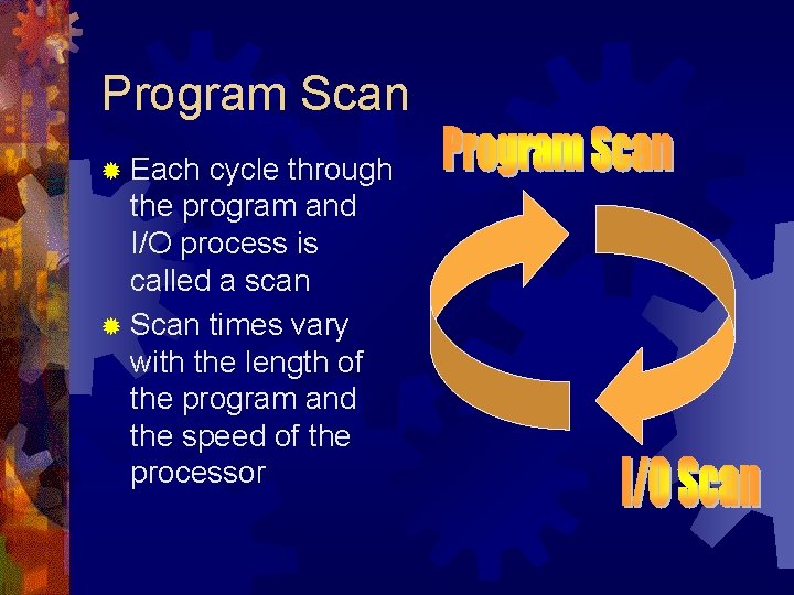 Program Scan ® Each cycle through the program and I/O process is called a Program Scan ® Each cycle through the program and I/O process is called a