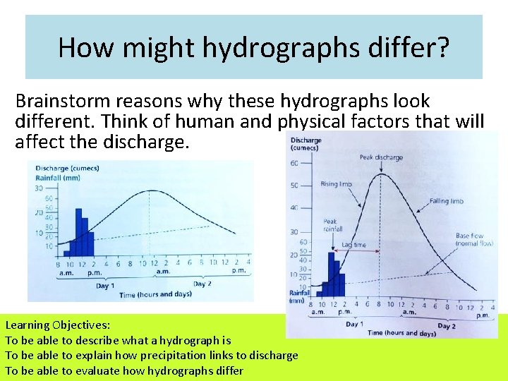 How might hydrographs differ? Brainstorm reasons why these hydrographs look different. Think of human