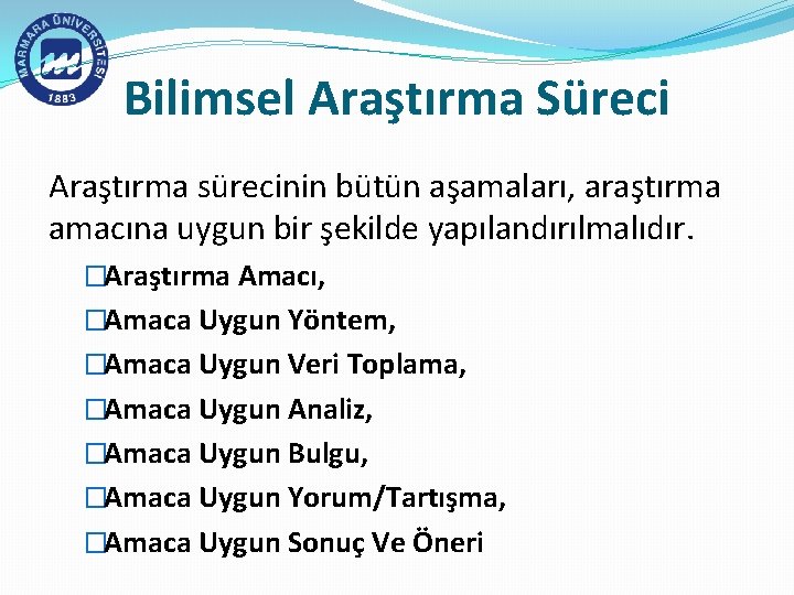 Bilimsel Araştırma Süreci Araştırma sürecinin bütün aşamaları, araştırma amacına uygun bir şekilde yapılandırılmalıdır. �Araştırma