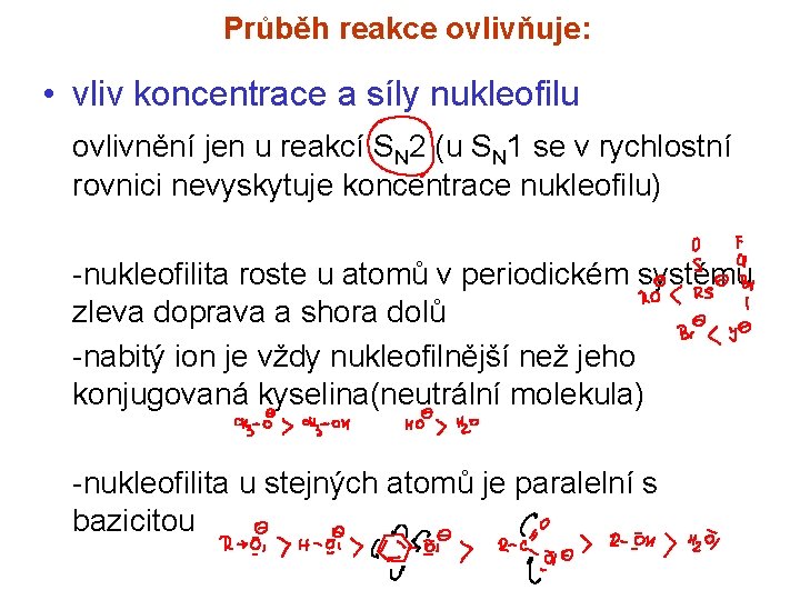 Průběh reakce ovlivňuje: • vliv koncentrace a síly nukleofilu ovlivnění jen u reakcí SN