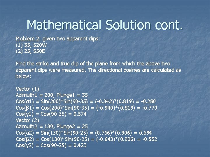 Mathematical Solution cont. Problem 2: given two apparent dips: (1) 35, S 20 W