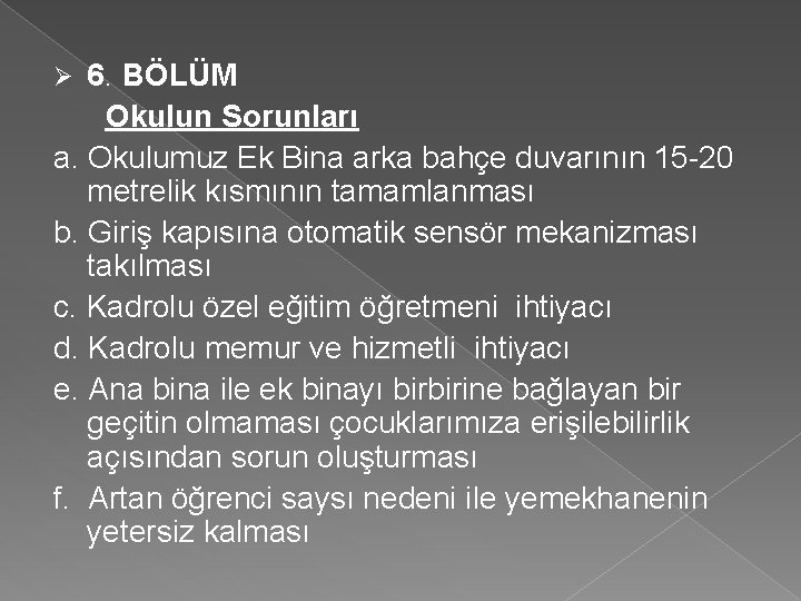 6. BÖLÜM Okulun Sorunları a. Okulumuz Ek Bina arka bahçe duvarının 15 -20 metrelik