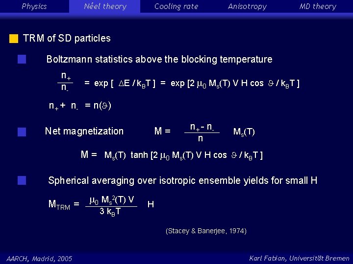 Physics Néel theory Cooling rate Anisotropy MD theory TRM of SD particles Boltzmann statistics