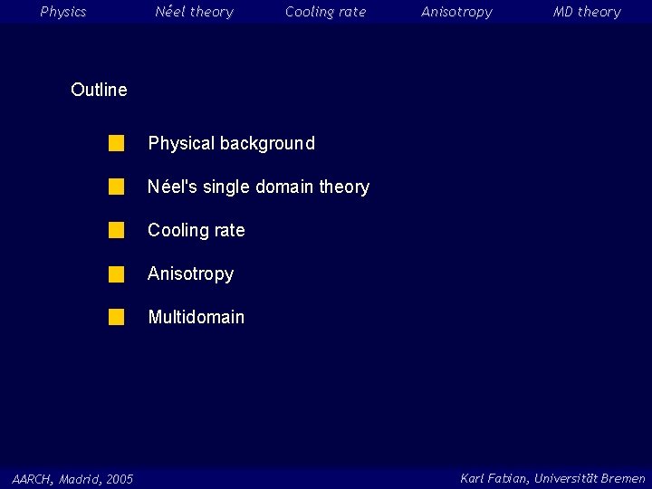 Physics Néel theory Cooling rate Anisotropy MD theory Outline Physical background Néel's single domain