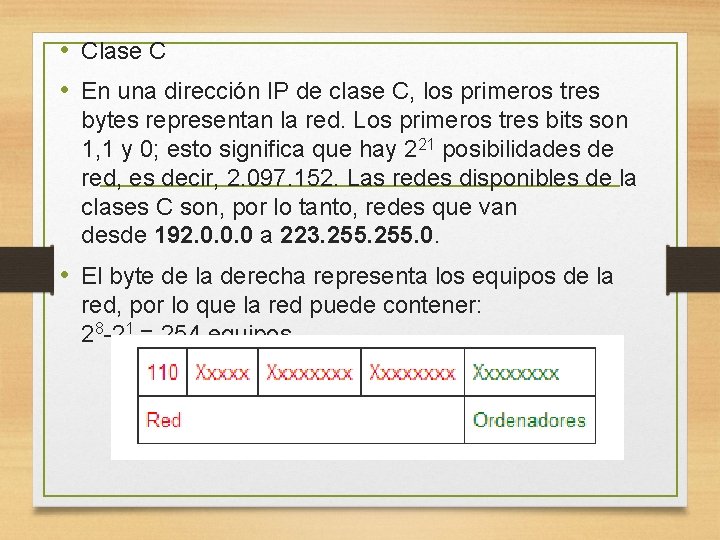  • Clase C • En una dirección IP de clase C, los primeros