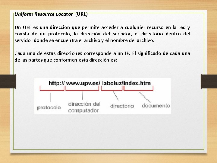 Uniform Resource Locator (URL) Un URL es una dirección que permite acceder a cualquier