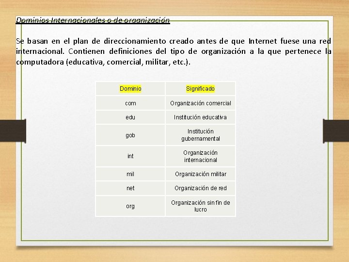 Dominios Internacionales o de organización Se basan en el plan de direccionamiento creado antes