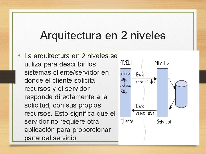 Arquitectura en 2 niveles • La arquitectura en 2 niveles se utiliza para describir