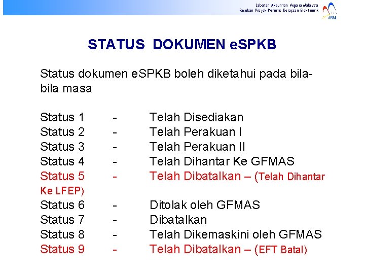 Jabatan Akauntan Negara Malaysia Pasukan Projek Perintis Kerajaan Elektronik STATUS DOKUMEN e. SPKB Status