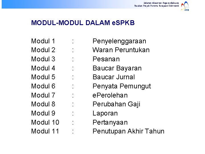 Jabatan Akauntan Negara Malaysia Pasukan Projek Perintis Kerajaan Elektronik MODUL-MODUL DALAM e. SPKB Modul