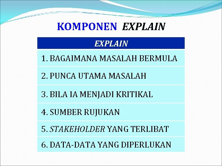 KOMPONEN EXPLAIN 1. BAGAIMANA MASALAH BERMULA 2. PUNCA UTAMA MASALAH 3. BILA IA MENJADI