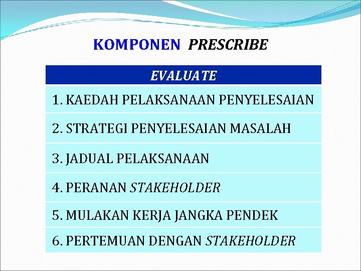 KOMPONEN PRESCRIBE EVALUATE 1. KAEDAH PELAKSANAAN PENYELESAIAN 2. STRATEGI PENYELESAIAN MASALAH 3. JADUAL PELAKSANAAN