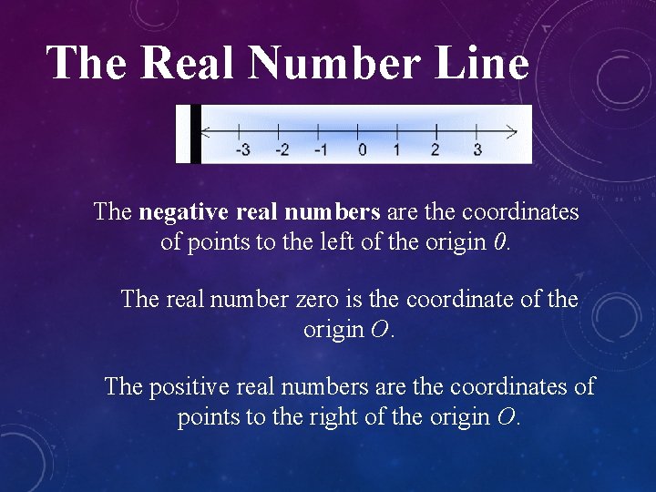 The Real Number Line The negative real numbers are the coordinates of points to