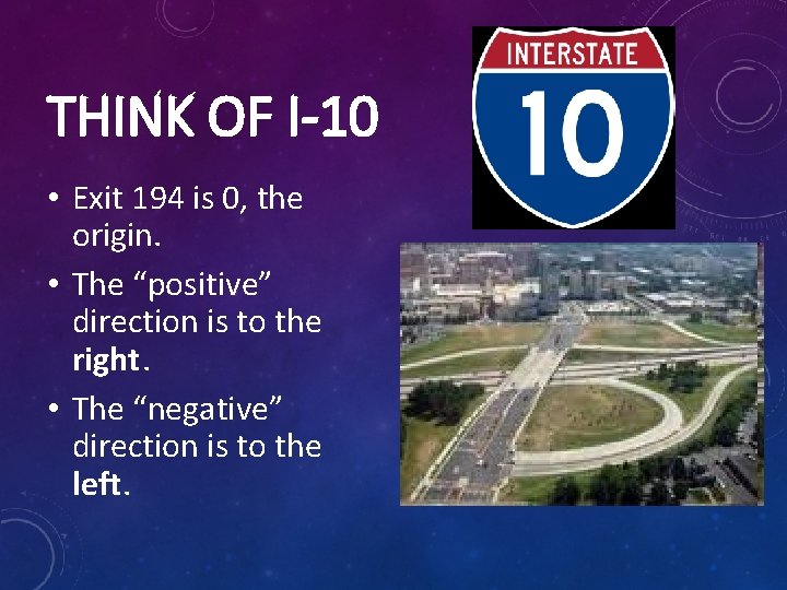 THINK OF I-10 • Exit 194 is 0, the origin. • The “positive” direction