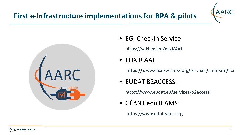 First e-Infrastructure implementations for BPA & pilots • EGI Check. In Service https: //wiki.