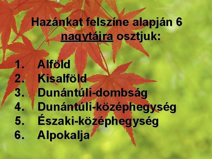Hazánkat felszíne alapján 6 nagytájra osztjuk: 1. 2. 3. 4. 5. 6. Alföld Kisalföld