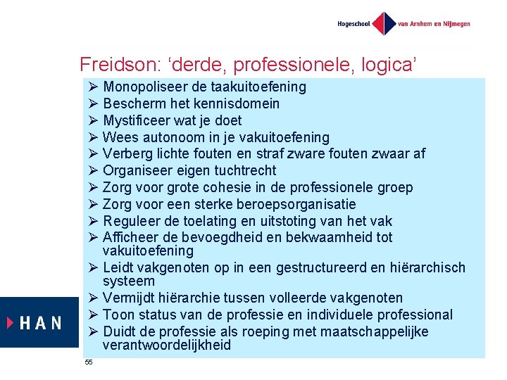 Freidson: ‘derde, professionele, logica’ Monopoliseer de taakuitoefening Bescherm het kennisdomein Mystificeer wat je doet