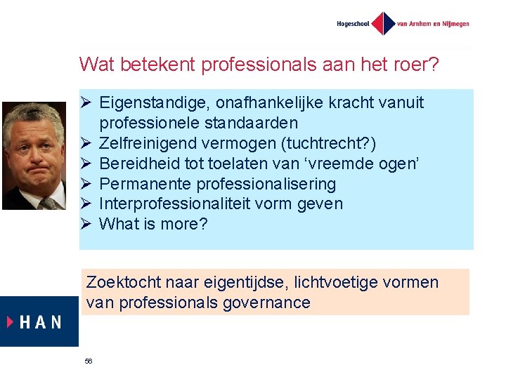 Wat betekent professionals aan het roer? Eigenstandige, onafhankelijke kracht vanuit professionele standaarden Zelfreinigend vermogen