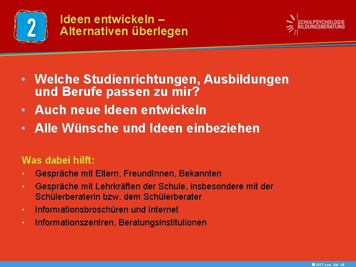 Ideen entwickeln – Alternativen überlegen • Welche Studienrichtungen, Ausbildungen und Berufe passen zu mir?