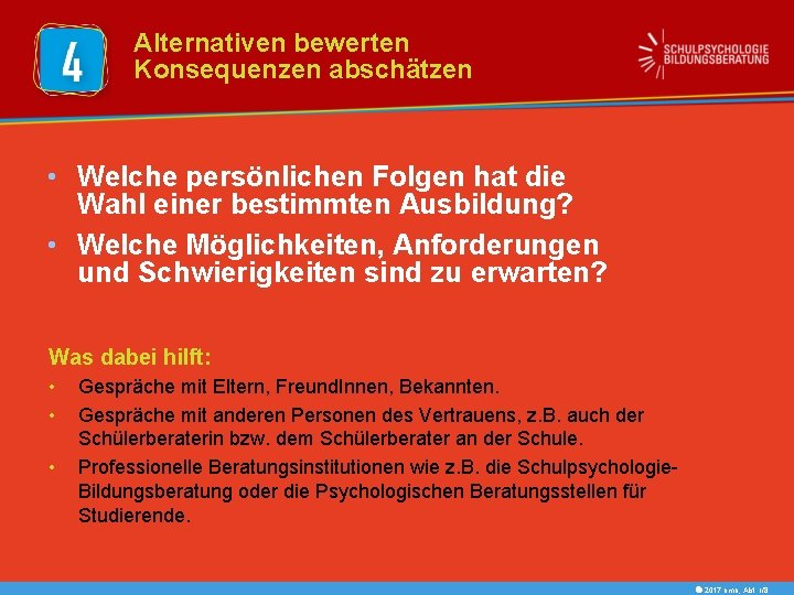 Alternativen bewerten Konsequenzen abschätzen • Welche persönlichen Folgen hat die Wahl einer bestimmten Ausbildung?