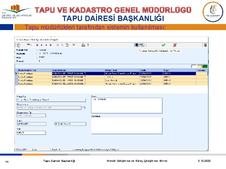 TAPU VE KADASTRO GENEL MÜDÜRLÜĞÜ TAPU DAİRESİ BAŞKANLIĞI Tapu müdürlükleri tarafından sistemin kullanılması: 14