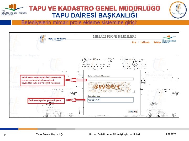 TAPU VE KADASTRO GENEL MÜDÜRLÜĞÜ TAPU DAİRESİ BAŞKANLIĞI Belediyelerin mimari proje ekleme sistemine girişi: