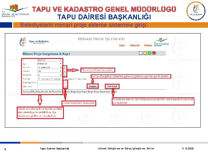 TAPU VE KADASTRO GENEL MÜDÜRLÜĞÜ TAPU DAİRESİ BAŞKANLIĞI Belediyelerin mimari proje ekleme sistemine girişi: