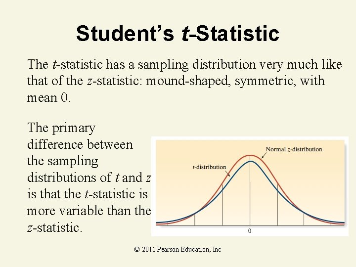 Student’s t-Statistic The t-statistic has a sampling distribution very much like that of the