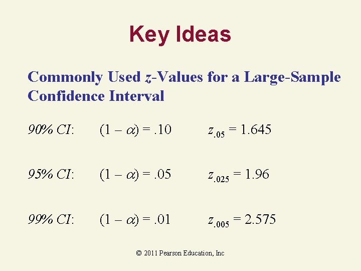 Key Ideas Commonly Used z-Values for a Large-Sample Confidence Interval 90% CI: (1 –