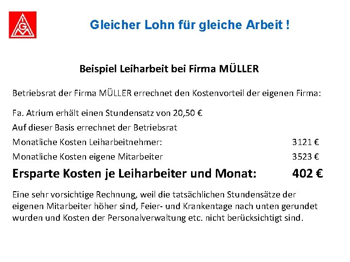 Gleicher Lohn für gleiche Arbeit ! Beispiel Leiharbeit bei Firma MÜLLER Betriebsrat der Firma