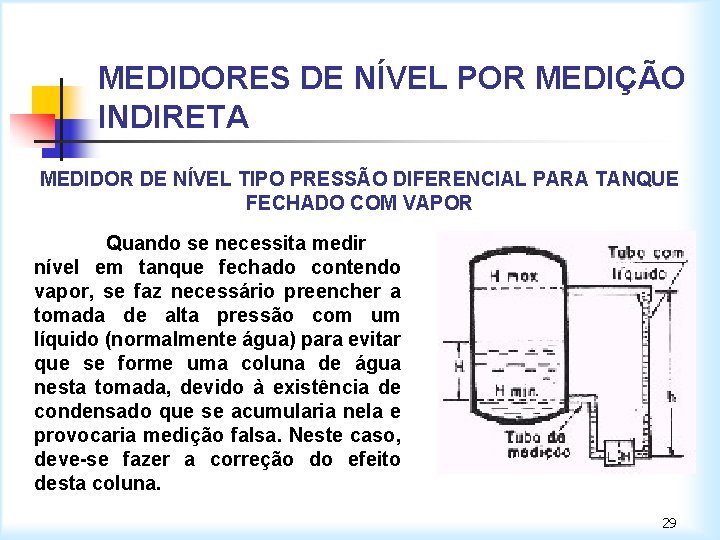 MEDIDORES DE NÍVEL POR MEDIÇÃO INDIRETA MEDIDOR DE NÍVEL TIPO PRESSÃO DIFERENCIAL PARA TANQUE