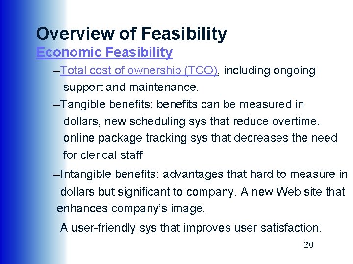 Overview of Feasibility Economic Feasibility –Total cost of ownership (TCO), including ongoing support and