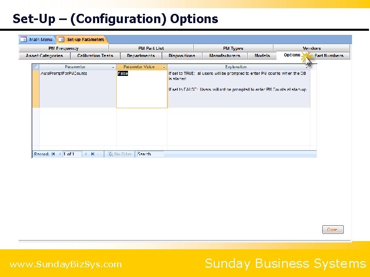 Set-Up – (Configuration) Options www. Sunday. Biz. Sys. com Sunday Business Systems 