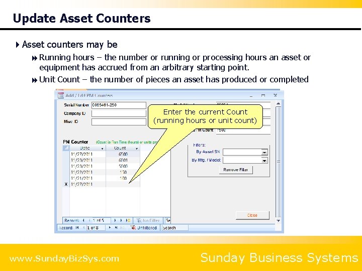 Update Asset Counters 4 Asset counters may be 8 Running hours – the number