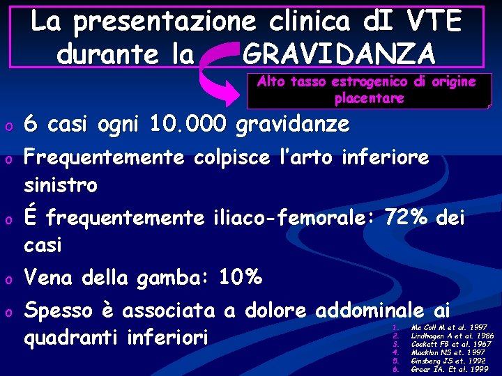 La presentazione clinica d. I VTE durante la GRAVIDANZA Alto tasso estrogenico di origine