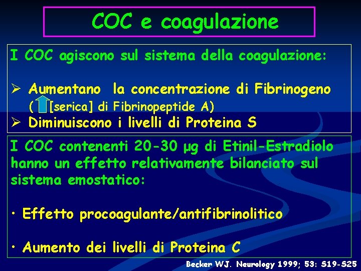 COC e coagulazione I COC agiscono sul sistema della coagulazione: Ø Aumentano la concentrazione