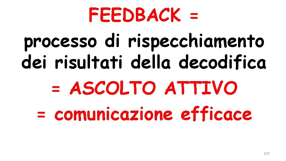 FEEDBACK = processo di rispecchiamento dei risultati della decodifica = ASCOLTO ATTIVO = comunicazione