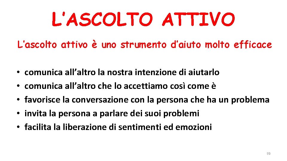 L’ASCOLTO ATTIVO L’ascolto attivo è uno strumento d’aiuto molto efficace • • • comunica