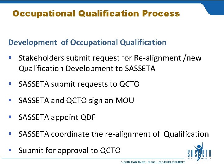 Occupational Qualification Process Development of Occupational Qualification § Stakeholders submit request for Re-alignment /new