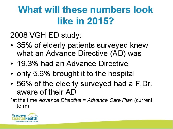 What will these numbers look like in 2015? 2008 VGH ED study: • 35%