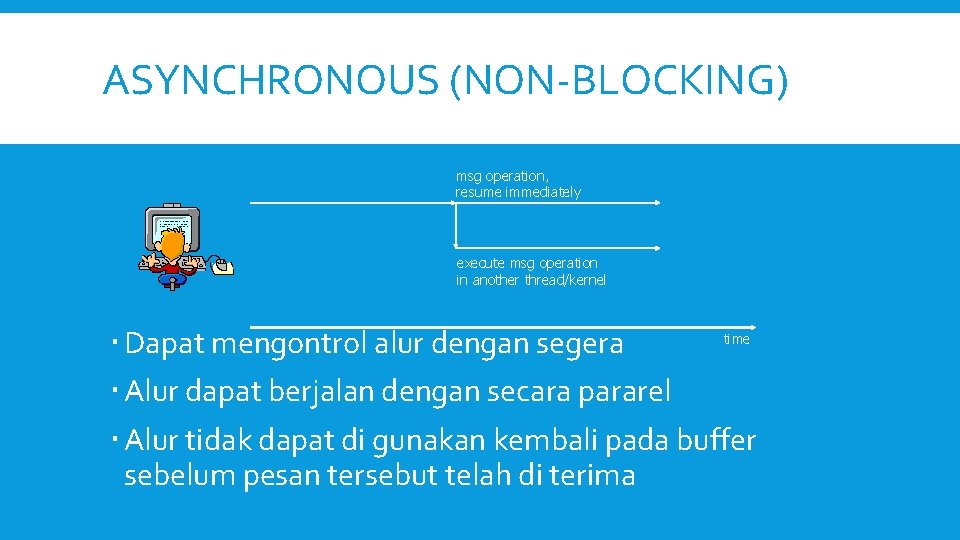 ASYNCHRONOUS (NON-BLOCKING) msg operation, resume immediately execute msg operation in another thread/kernel time Dapat