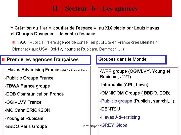 II – Secteur b – Les agences • Création du 1 er « courtier