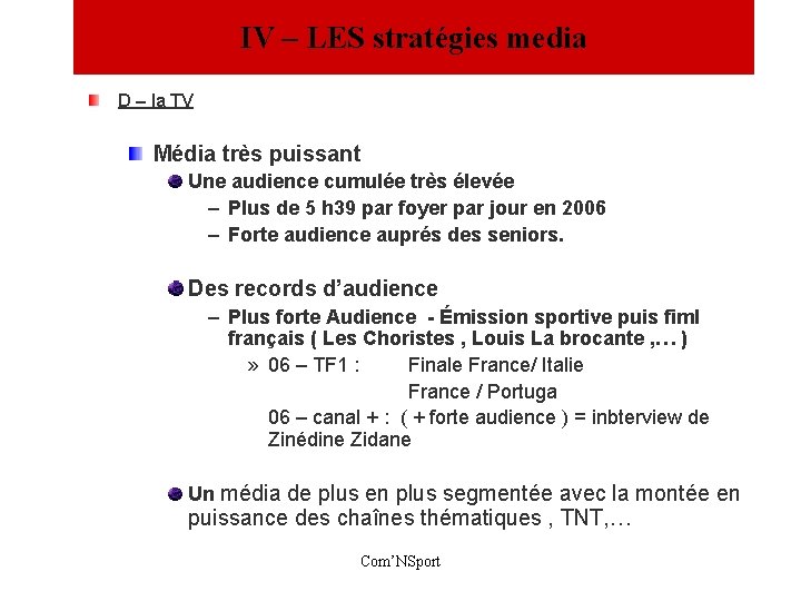 IV – LES stratégies media D – la TV Média très puissant Une audience