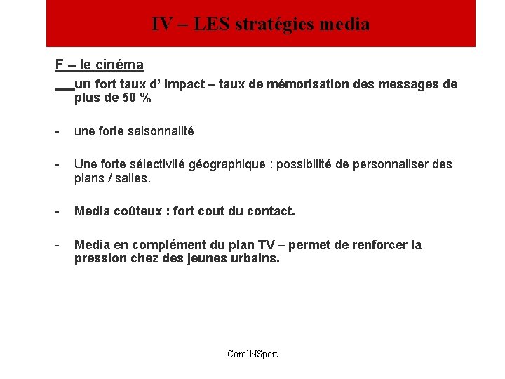 IV – LES stratégies media F – le cinéma un fort taux d’ impact