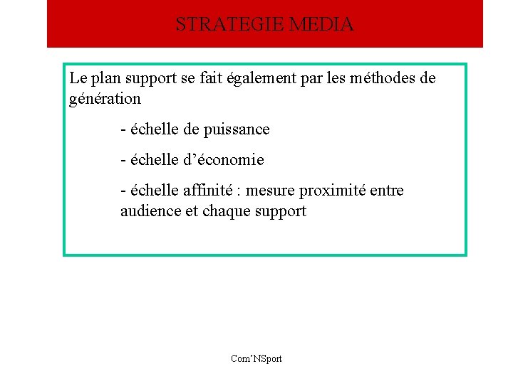 STRATEGIE MEDIA Le plan support se fait également par les méthodes de génération -